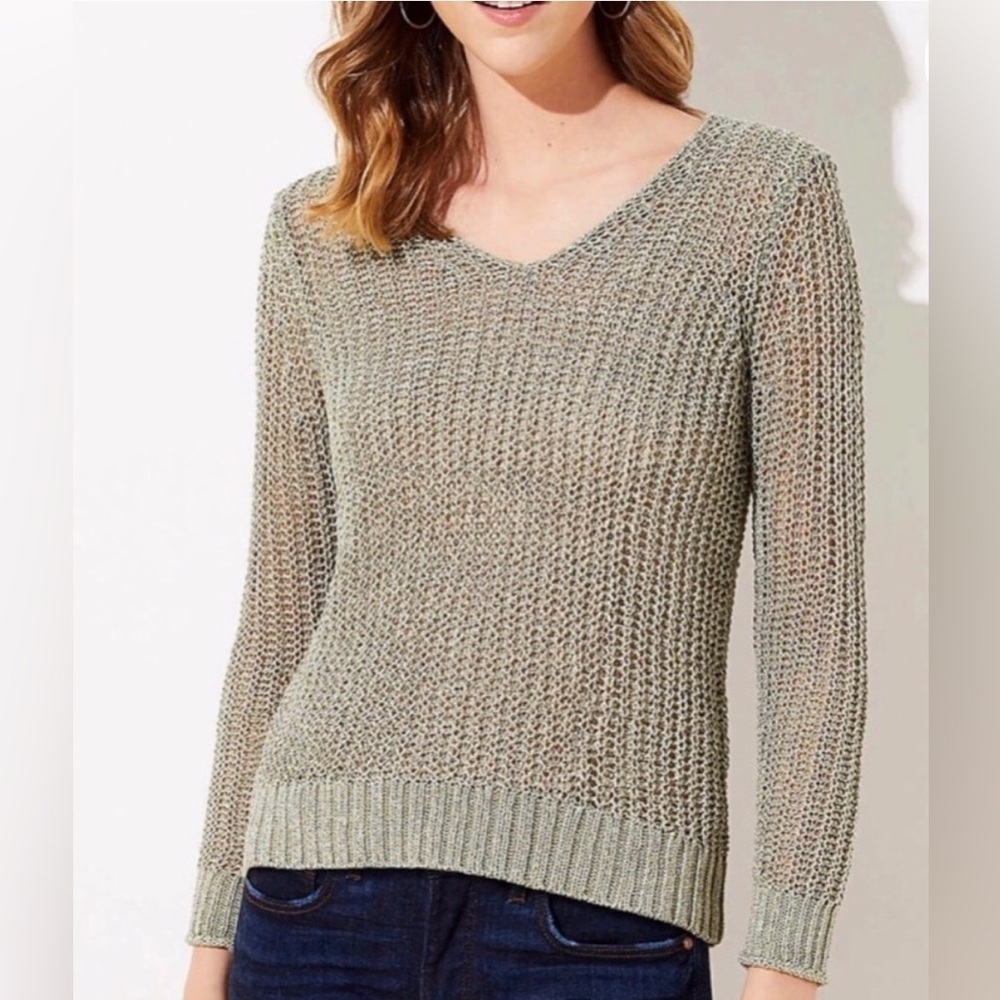 Loft Open Stitch Green Shimmer Sweater Size Medium